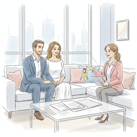 Риелтор и клиенты обсуждают условия продажи квартиры в ипотеке с обременением банка в интерьере современной гостиной, оформление документов и передача ключей от недвижимости.