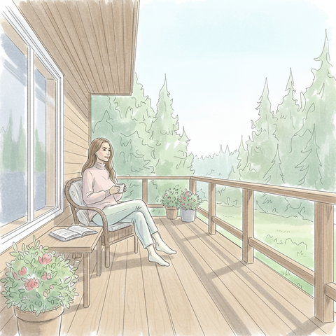 Уютный загородный дом с деревянной террасой в окружении леса, где человек наслаждается утренним кофе в тишине на природе, мечтая о переезде из мегаполиса.