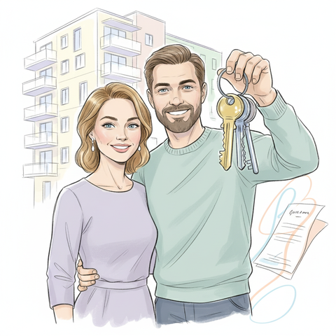 Счастливый человек держит металлические ключи от новой квартиры, символизируя получение статуса собственника недвижимости и права распоряжаться своим имуществом.