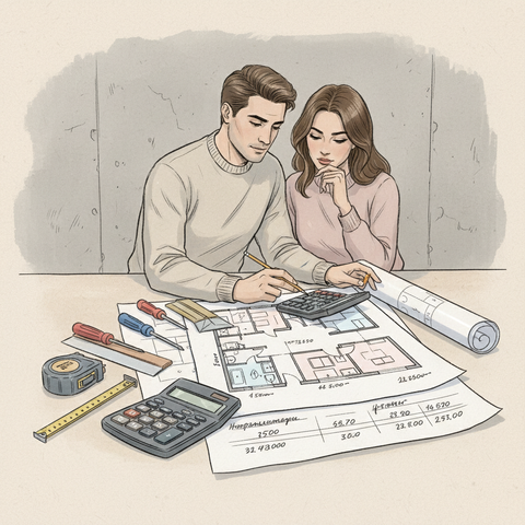 Процесс планирования бюджета на ремонт квартиры в 2026 году: строительные инструменты, калькулятор и чертежи на фоне бетонной стены для расчета стоимости отделки под ключ за квадратный метр.