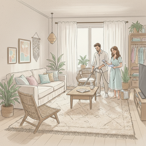 Уютный интерьер жилой комнаты с ковром и мебелью, где проводится осмотр и уборка для эффективного избавления от домашних блох и обеспечения безопасности жильцов.