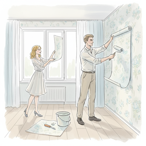 Процесс самостоятельной поклейки обоев: человек аккуратно разглаживает полотно на стене валиком, создавая уютный интерьер в новой квартире.