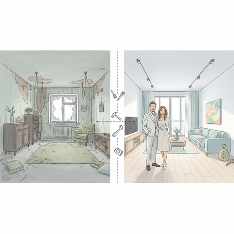 Процесс флиппинга недвижимости: преображение старой квартиры с помощью современного дизайнерского ремонта для быстрой и выгодной перепродажи.