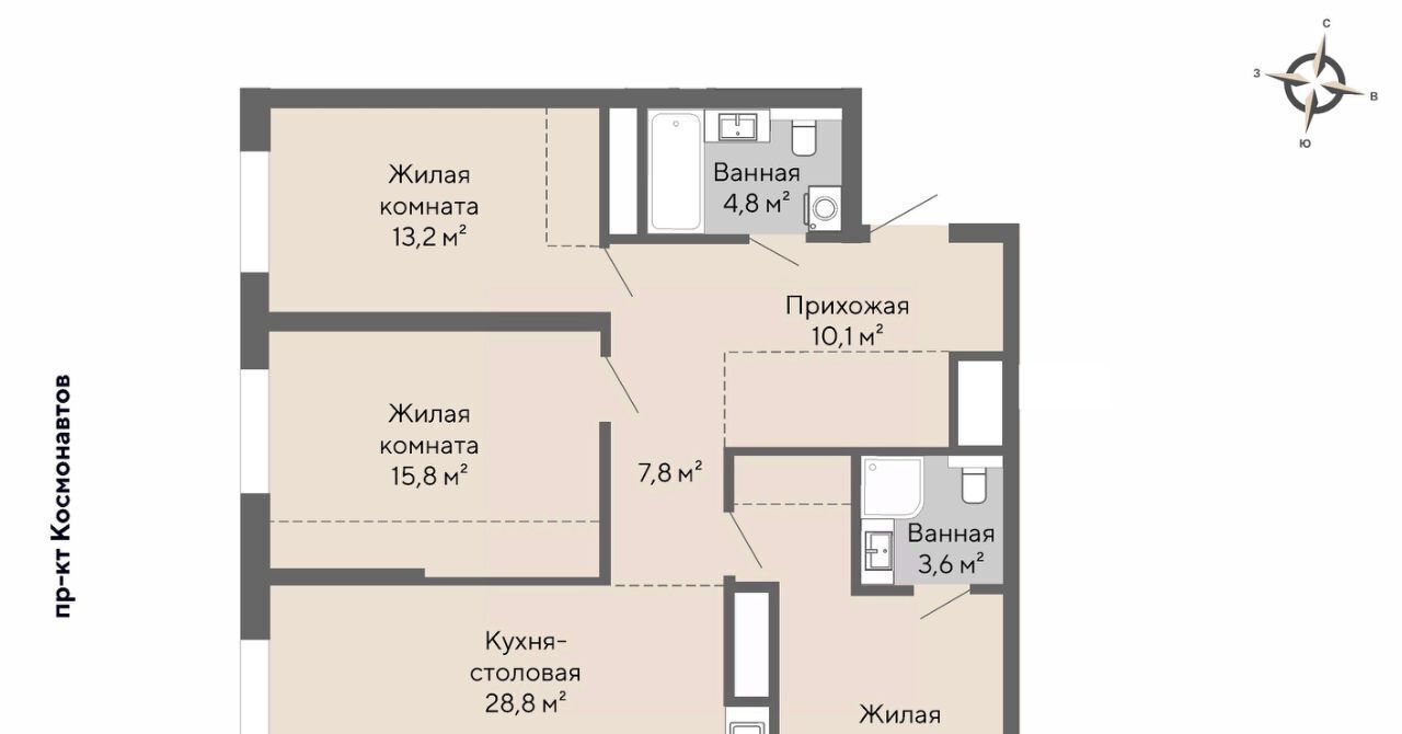 квартира г Екатеринбург р-н Орджоникидзевский пр-кт Космонавтов 100 Проспект Космонавтов фото 1