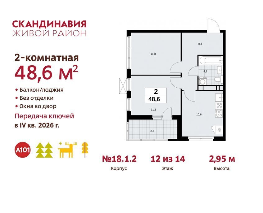 квартира г Москва метро Коммунарка метро Бульвар Адмирала Ушакова ТиНАО жилой комплекс Скандинавия, 18. 2.1 фото 1