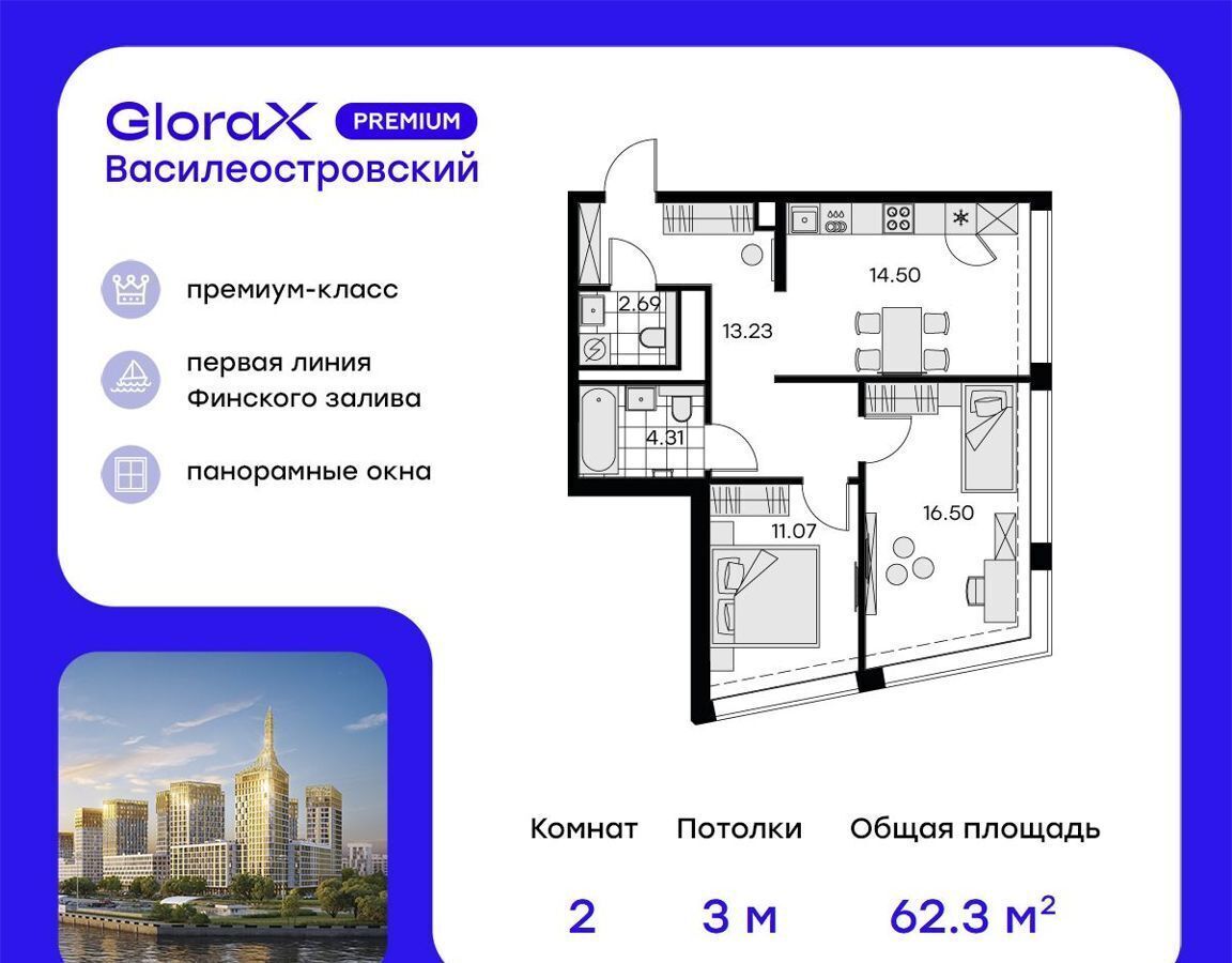 квартира г Санкт-Петербург метро Приморская Невская Губа ЖК «GloraX Premium Василеостровский» уч. 11 фото 1