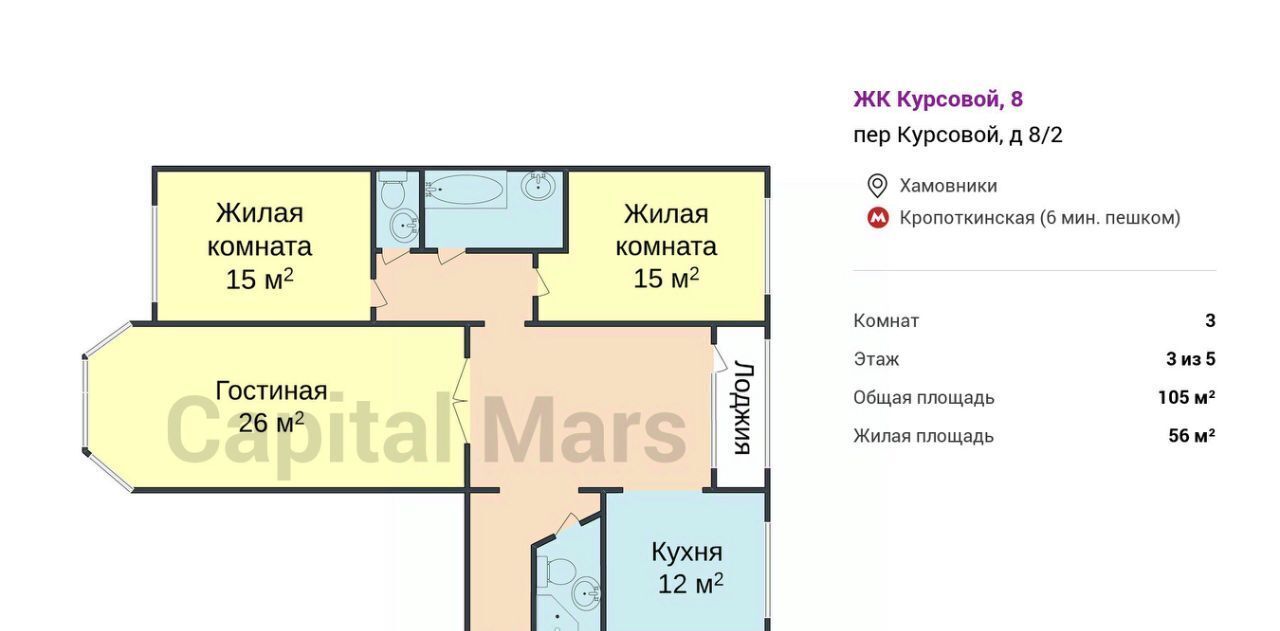 квартира г Москва метро Кропоткинская пер Курсовой 8/2 муниципальный округ Хамовники фото 3