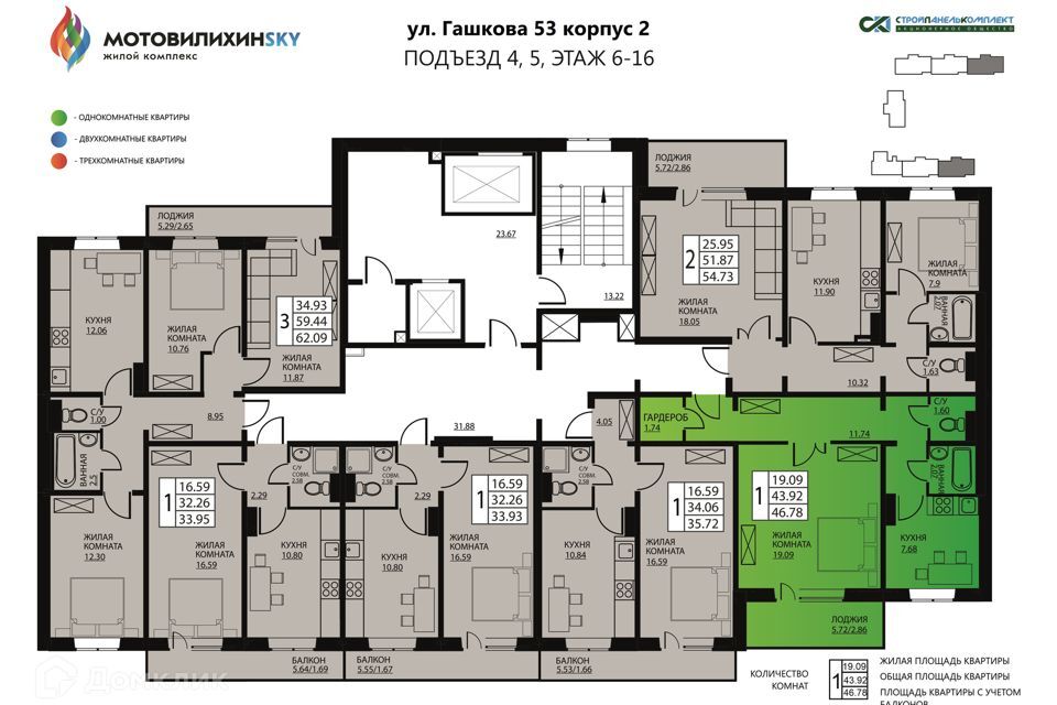 квартира г Пермь р-н Мотовилихинский ЖК «МотовилихинSky» Пермь городской округ, Гашкова, 53 к 2 стр 2 фото 2