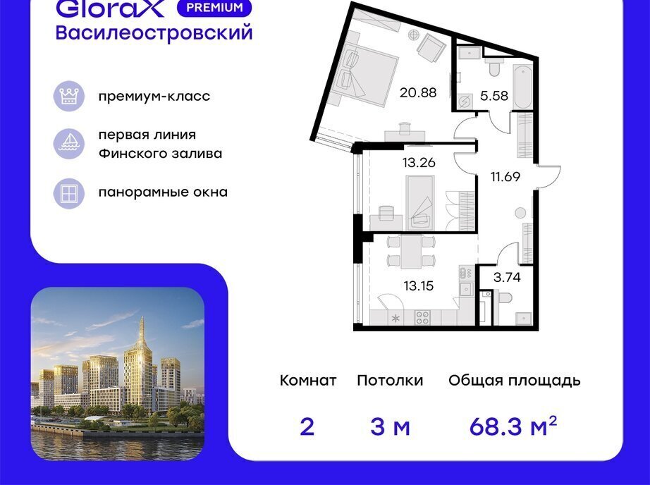 квартира г Санкт-Петербург метро Приморская ул Челюскина 10 ЖК «GloraX Premium Василеостровский» Морской округ фото 1