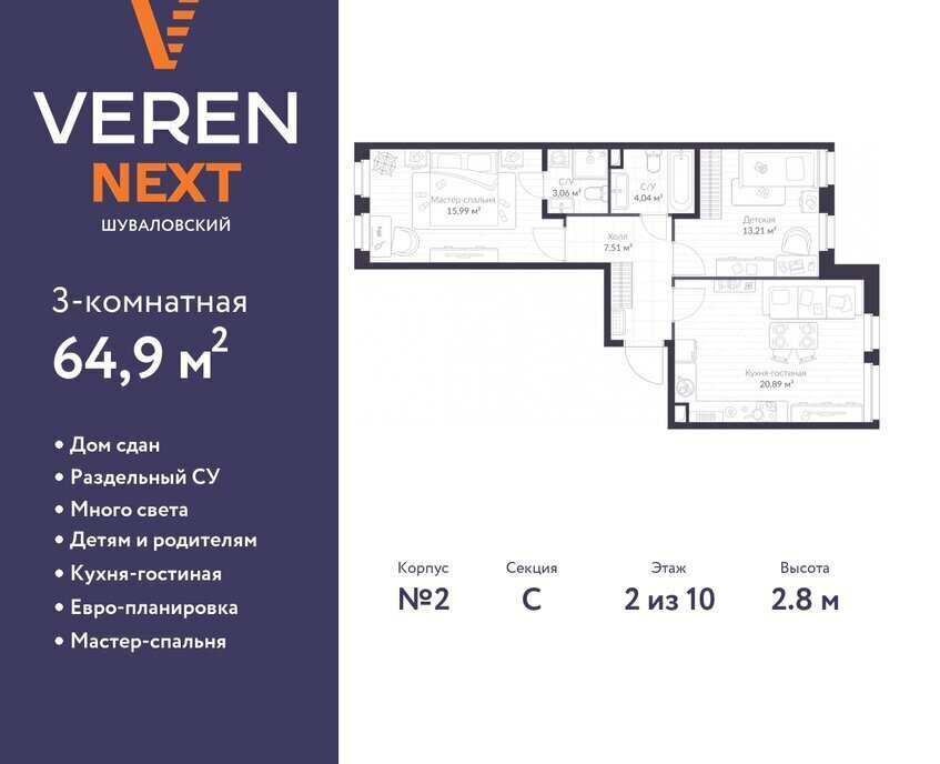 квартира г Санкт-Петербург метро Комендантский Проспект ул Парашютная 79к/1 ЖК «VEREN NEXT шуваловский» округ Коломяги фото 1