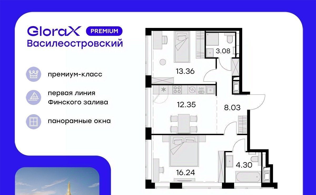 квартира г Санкт-Петербург р-н Василеостровский ЖК Глоракс Премиум Василеостровский фото 1