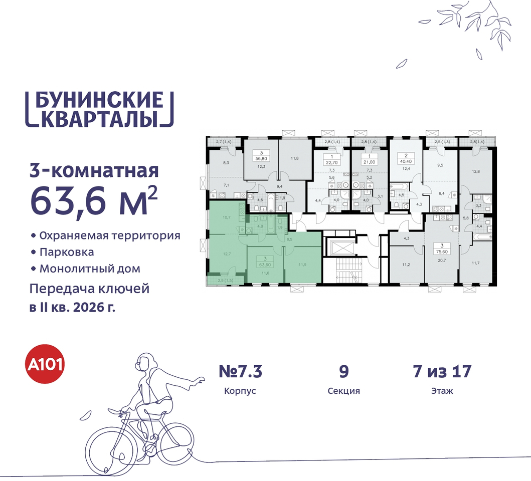 квартира г Москва п Сосенское ЖК Бунинские Кварталы метро Улица Горчакова метро Коммунарка пр-кт Куприна 2 Сосенское, Ольховая, Бунинская аллея фото 2