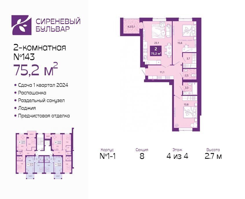 квартира г Калининград р-н Ленинградский ул Ключевая 27в ЖК «Сиреневый бульвар» фото 1