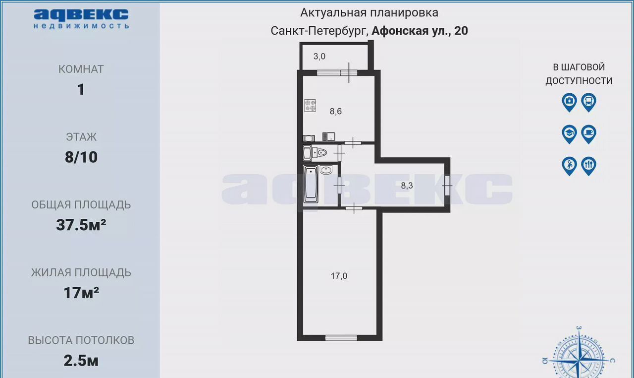 квартира г Санкт-Петербург метро Озерки ул Афонская 20 фото 2