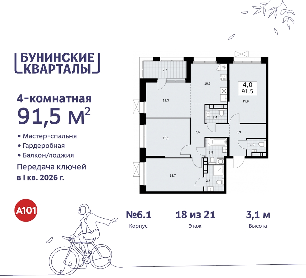 квартира г Москва п Сосенское ЖК Бунинские Кварталы метро Улица Горчакова метро Коммунарка пр-кт Куприна 2 Сосенское, Ольховая, Бунинская аллея фото 1