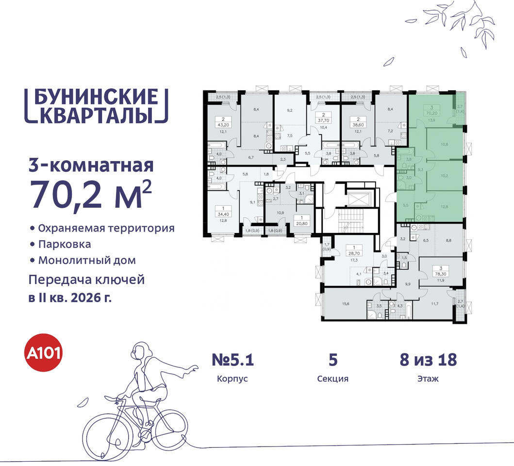 квартира г Москва п Сосенское ЖК Бунинские Кварталы метро Улица Горчакова метро Коммунарка пр-кт Куприна 2 Сосенское, Ольховая, Бунинская аллея фото 2