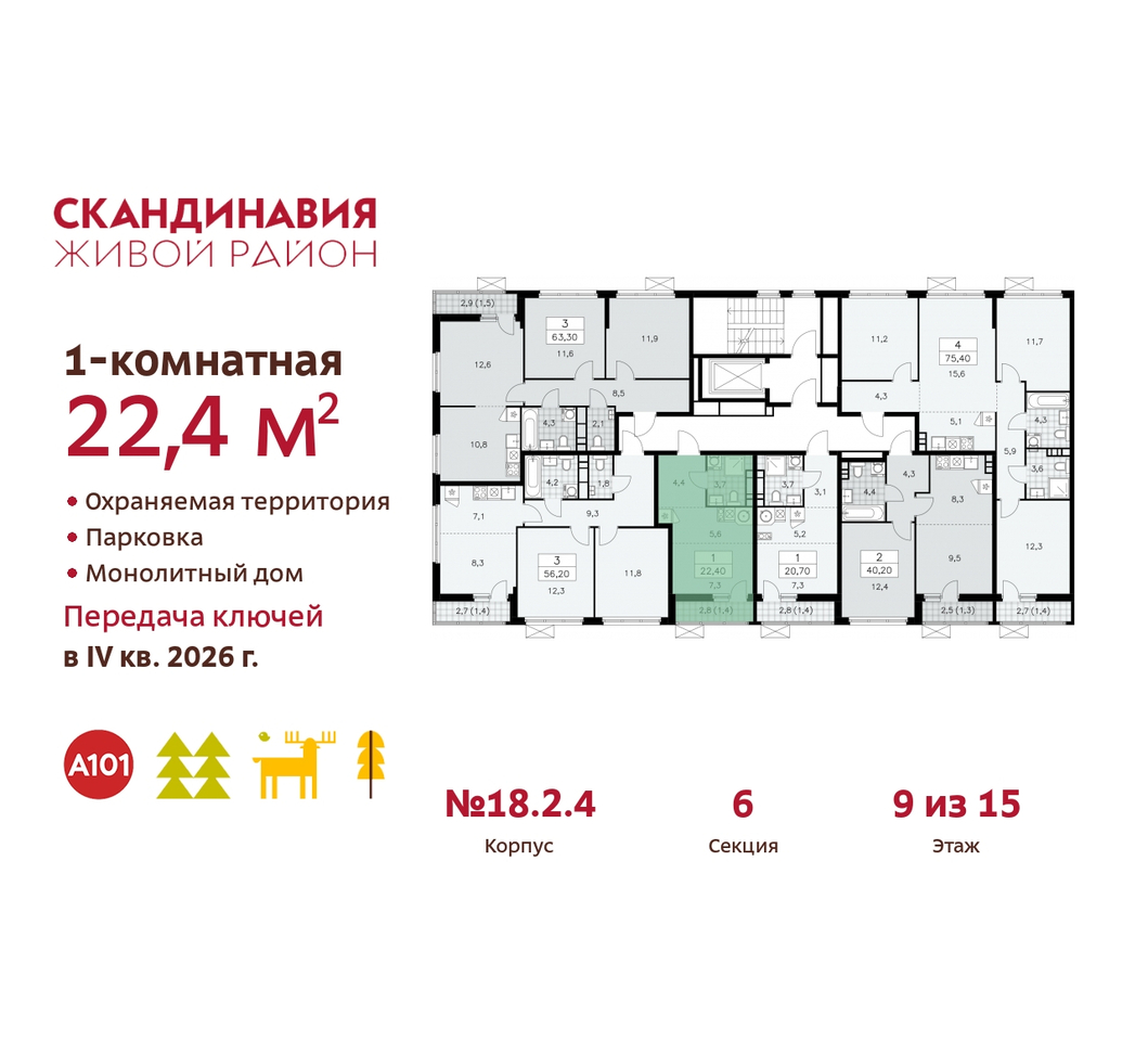 квартира г Москва п Сосенское жилой район «Скандинавия» Сосенское, жилой комплекс Скандинавия, 18. 2.4, Бутово фото 2