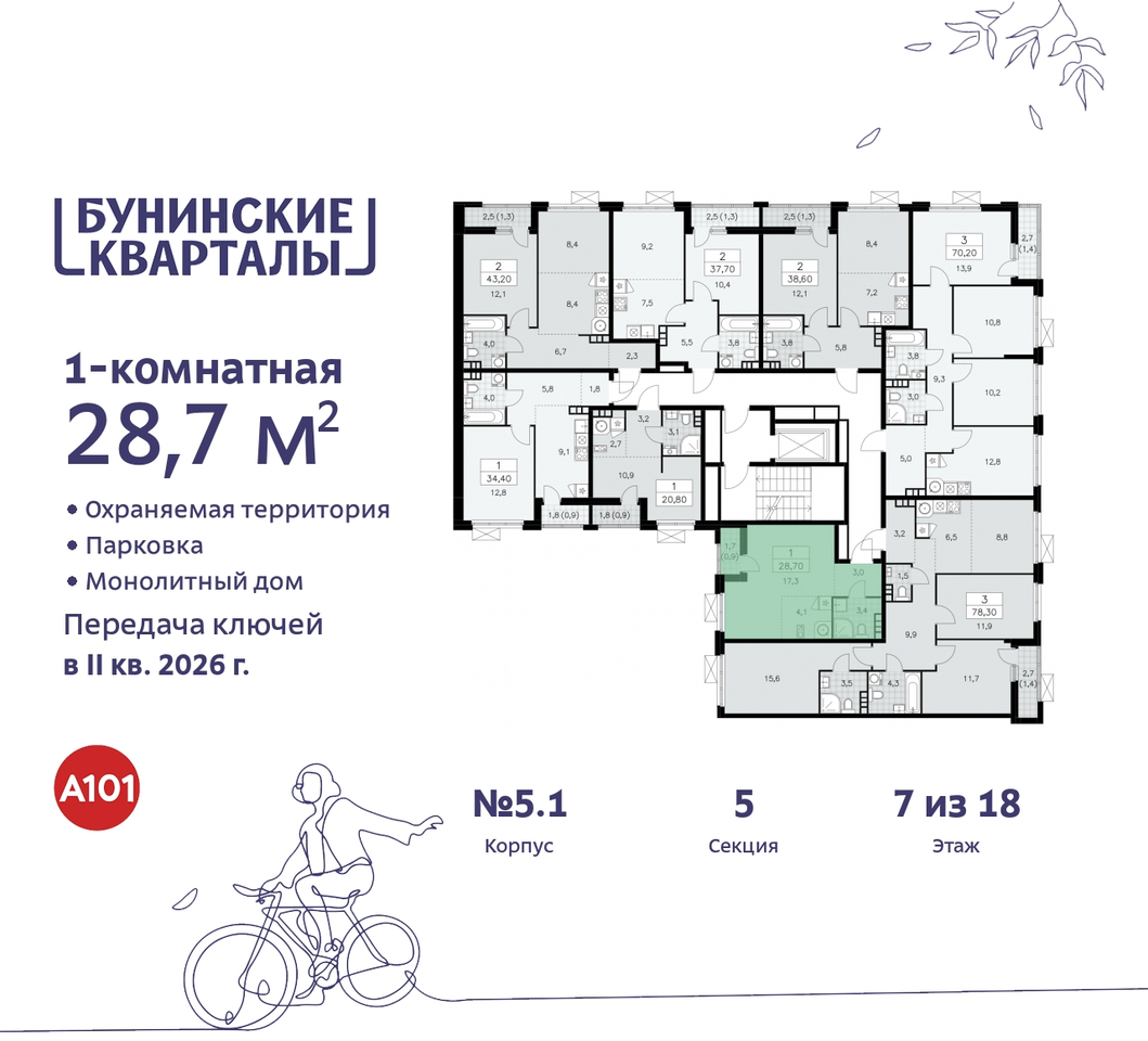 квартира г Москва п Сосенское ЖК Бунинские Кварталы метро Улица Горчакова метро Коммунарка пр-кт Куприна 2 Сосенское, Ольховая, Бунинская аллея фото 2