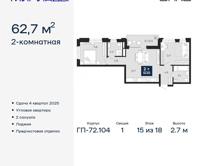 квартира г Тюмень ЖК «Мириады» фото 1