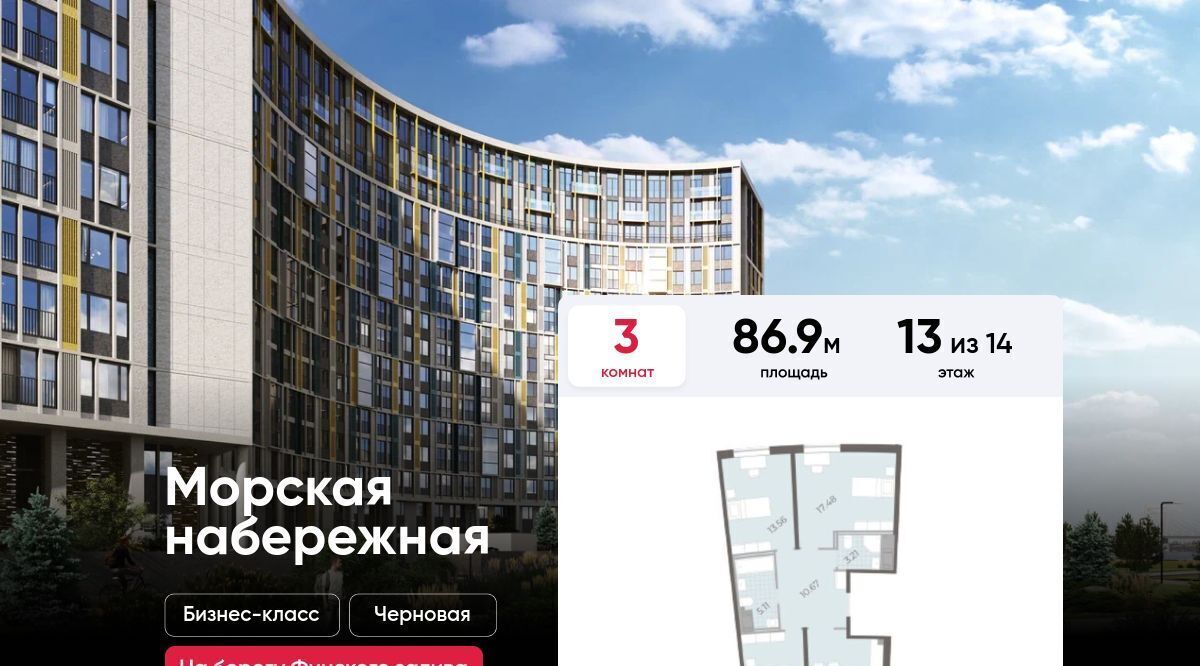 квартира г Санкт-Петербург метро Приморская наб Миклухо-Маклая 3к/1 фото 1
