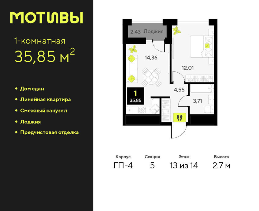 квартира г Тюмень ул Андрея Приказнова 1 ЖК «Мотивы» Калининский административный округ фото 1