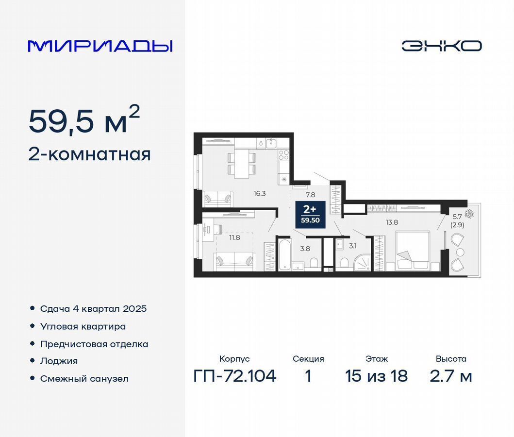 квартира г Тюмень р-н Ленинский ЖК «Мириады» мкр. Губернаторский, д. 1459 фото 1
