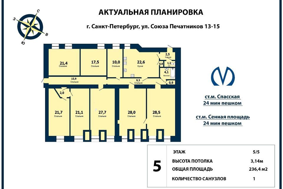 квартира г Санкт-Петербург ул Союза Печатников 13/15 Адмиралтейский район фото 10